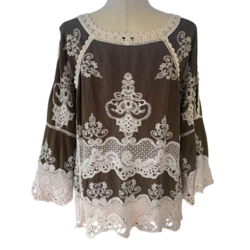 Democracy Embroidered Lace Boho Tunic Top L Romantic Festival Coastal Cowgirl - Picture 4 of 9